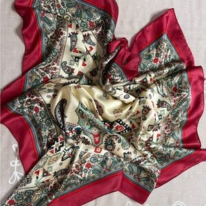 Elegant Red and Cream Patterned Silk Scarf